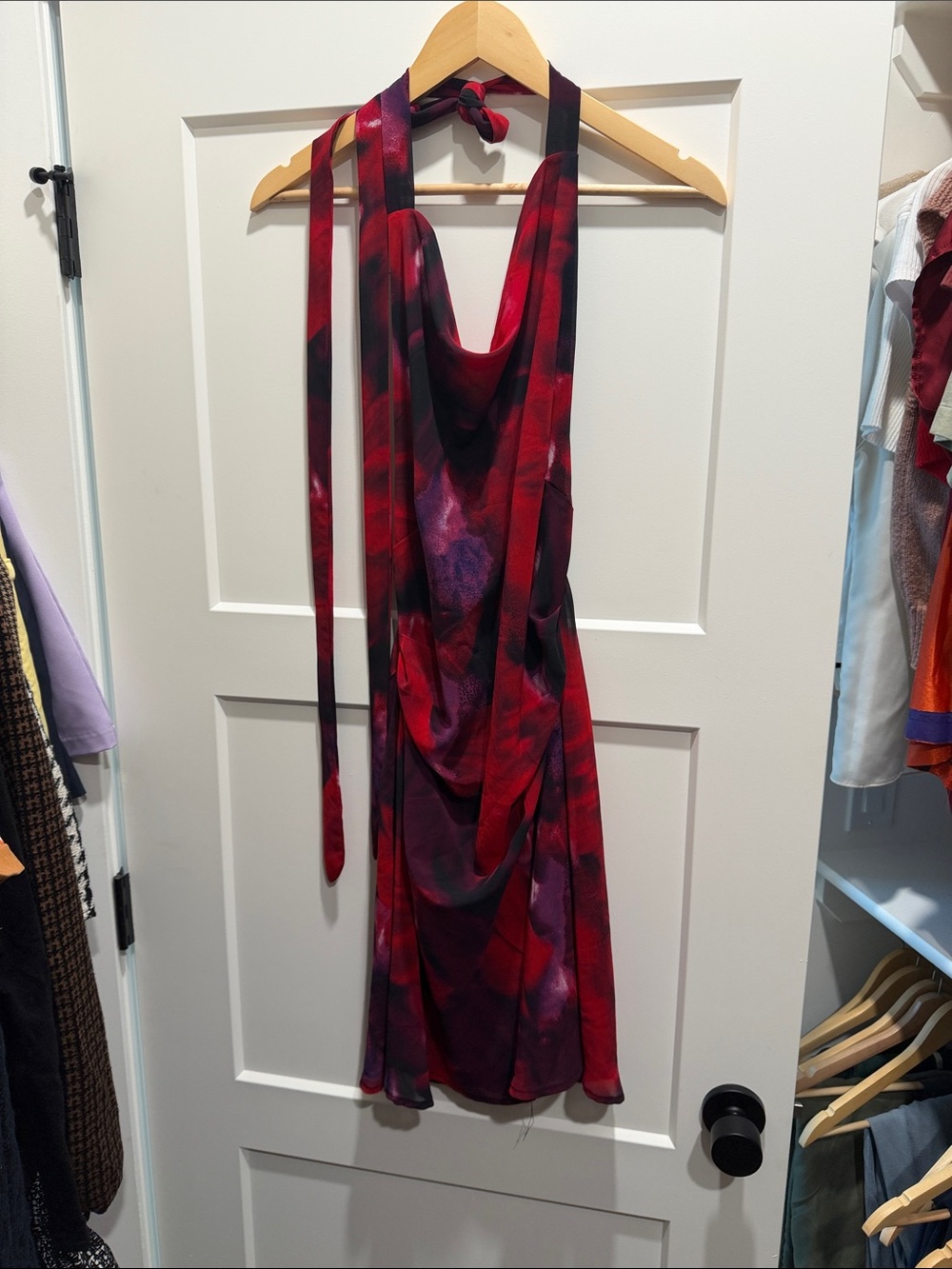 Backless Cowl Halter Dress in Red Floral Print